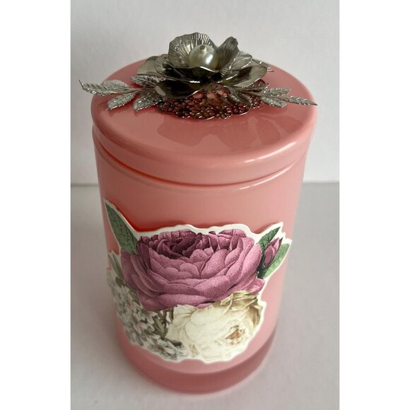 Peony Roses Large Vanity Jar Silver Leaf Encrusted Lid Tassle Vanity Jar Jeweled - Picture 5 of 6
